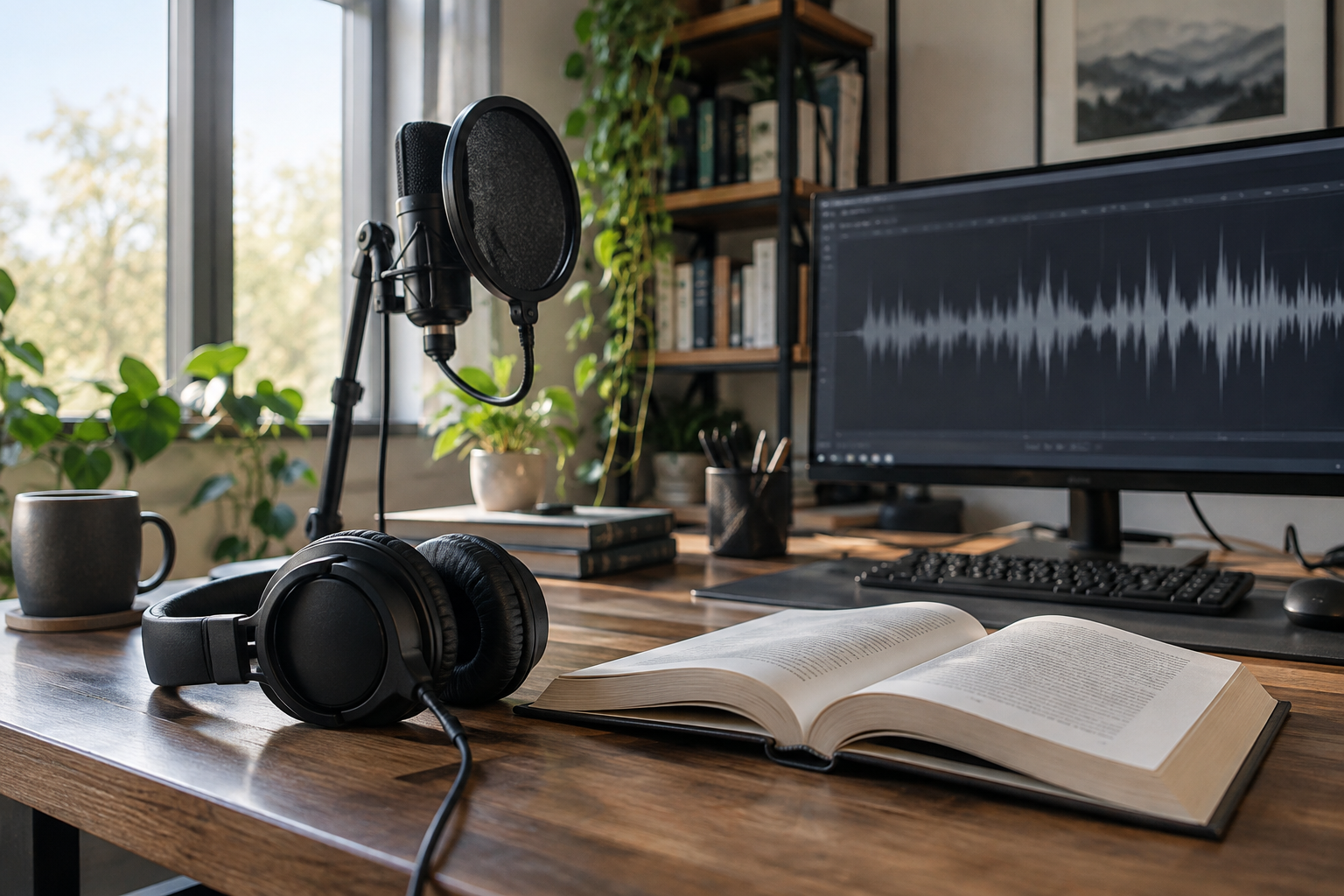 Headphones, an open book and an audio editing workstation in an empty production workspace.