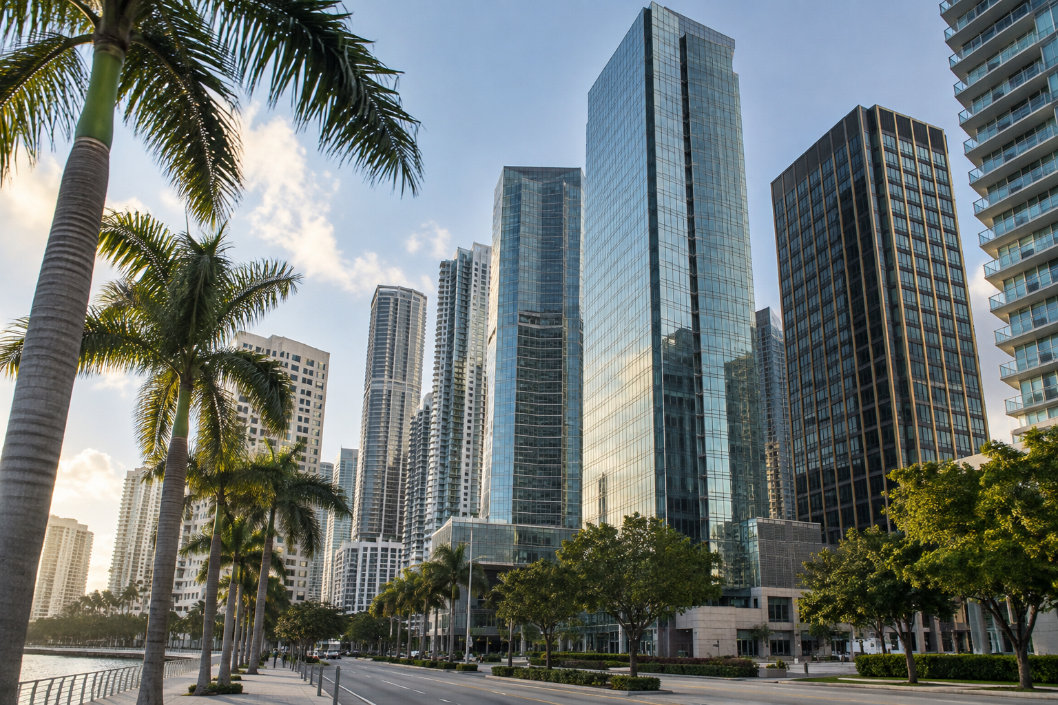 Office towers and palm trees in downtown Miami, Florida.