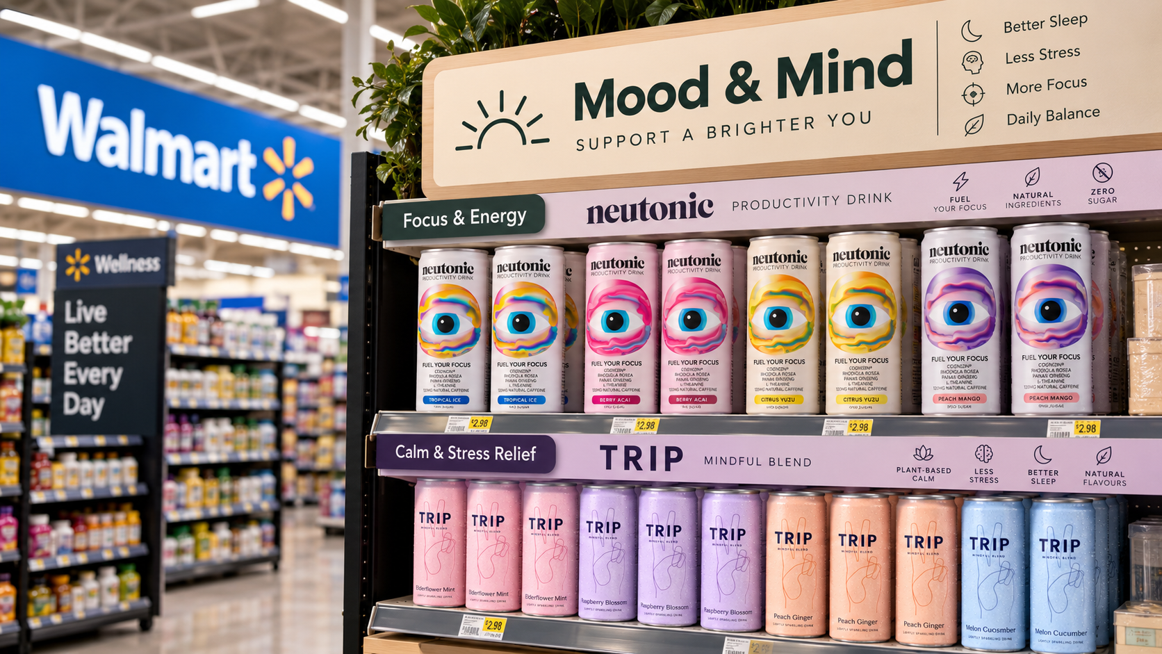 TRIP and Neutonic functional beverages representing British brands entering Walmart's new Mood & Mind beverage set